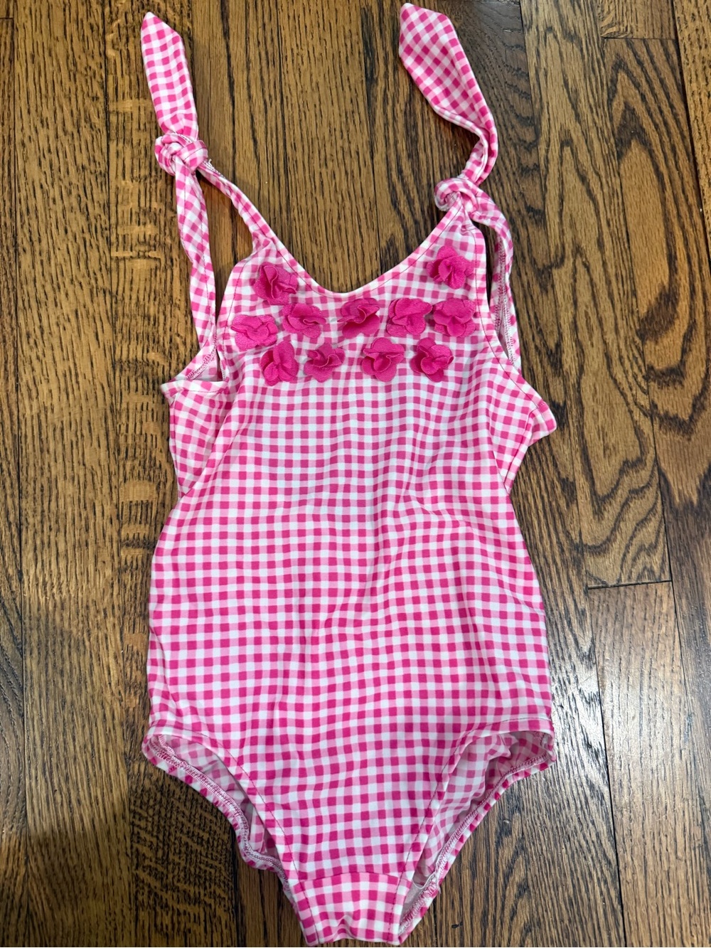Florence Eiseman Pink Gingham One-Piece Swimsuit with Floral Appliqué